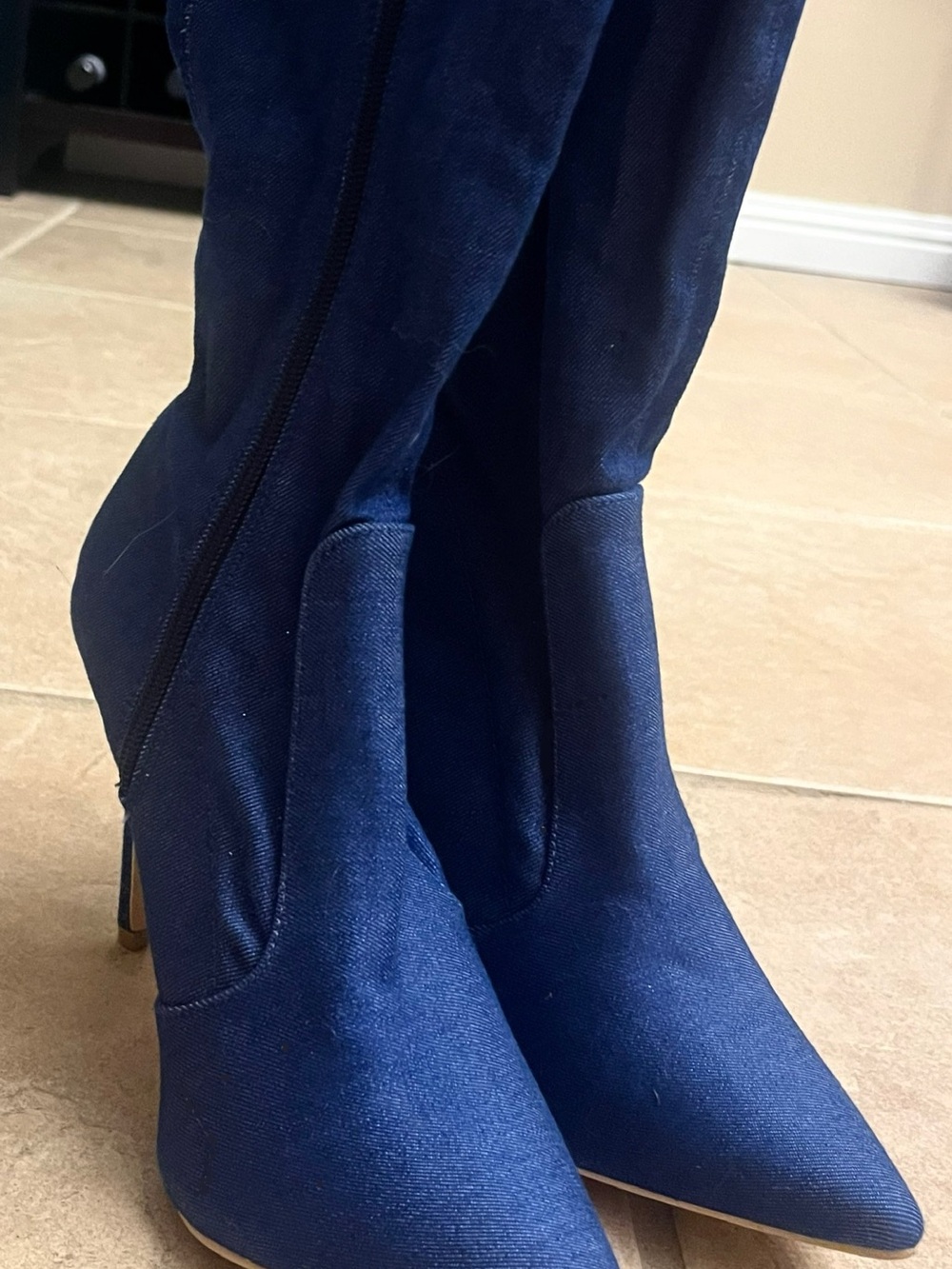 Cape Robin Blue Stretch Denim Jean Thigh High Pointy Toe Stiletto Heel Boots 6.5 - Picture 3 of 13